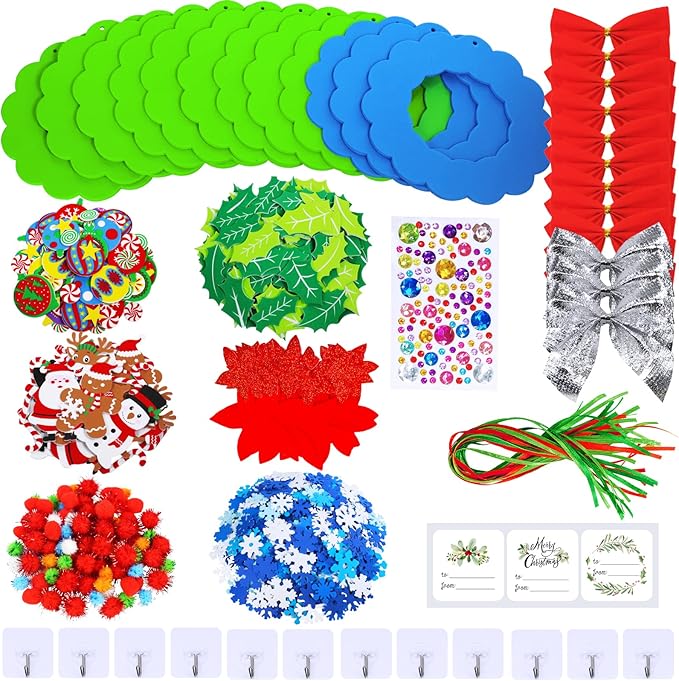 Winlyn 12 Sets Christmas Craft Kits Winter Crafts DIY 3D Christmas Wreath Ornaments Art Sets Santa Snowflake Snowman Christmas Foam Stickers Arts and Crafts for Kids Holiday Home Classroom Activities