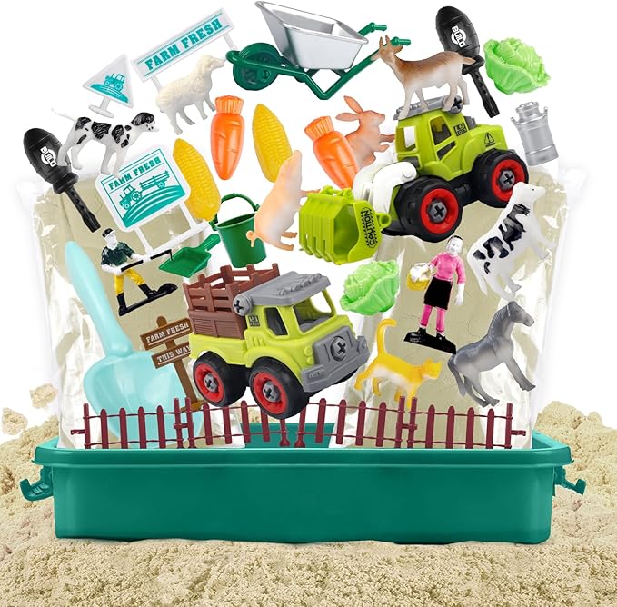Farm Sensory Bin, Farm Toys & 2.2lbs Play Sand, Farm Animals, Farm Trucks, Sand Box with Lid, Christmas Birthday Gift for Kids Toddlers Ages 3 4 5 6 7 8