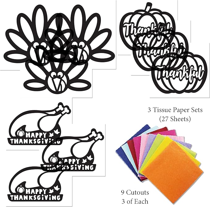 VHALE Suncatchers Craft 3 Sets (9 Cutouts) w Tissue Papers Stained Glass Effect Paper Sun Catcher Kit, Window Art, Classroom Crafts, Creative Art Projects, Kids Party Favors (Thanksgiving)