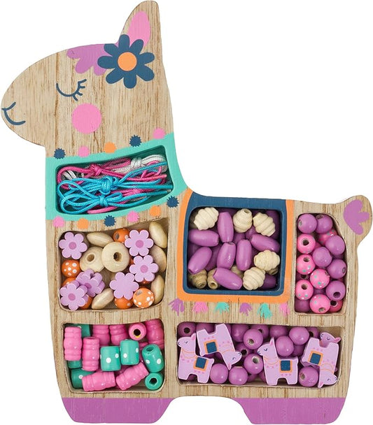 Stephen Joseph, Wooden Bead Kit for Kids, 125 Wooden Beads with 4 Necklace and 4 Bracelet Cords with Reusable Wooden Tray, Premium Wood Jewelry Making Kit for Kids, Llama