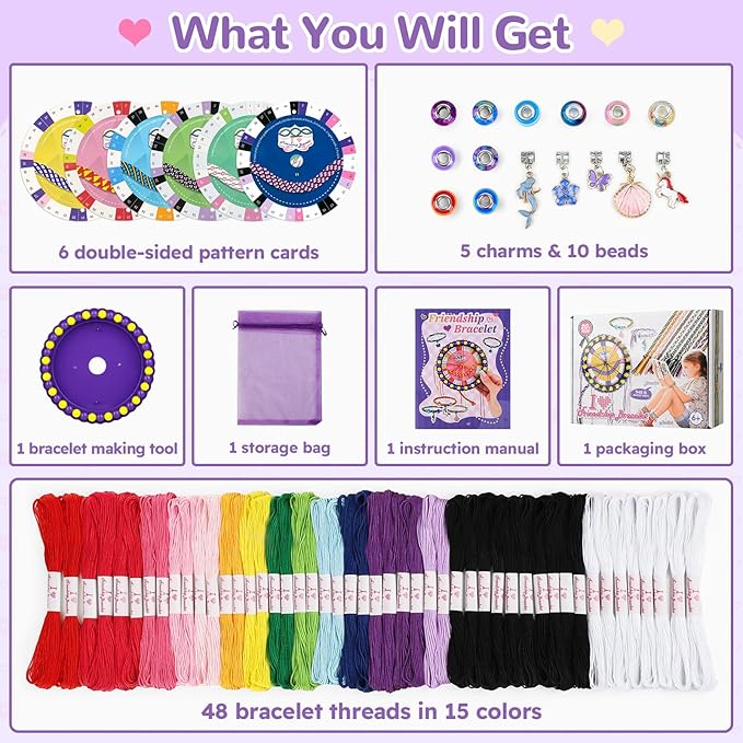 Bracelet Making Kit for Girls, Friendship Bracelet Kit Birthday Gifts for Girls Ages 6 7 8 9 10 11 12 Year Old, Arts and Crafts for Teen Kids 8-12, DIY Jewelry Bracelets Tool String Maker Toys Set