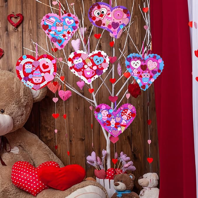 Winlyn 24 Sets Valentine's Day Heart Ornaments Decorations DIY Heart Ornaments Valentine Craft Kits Assorted Foam Heart Shape Stickers Googly Eyes for Kids Classroom Activity Gift Exchange Art Project