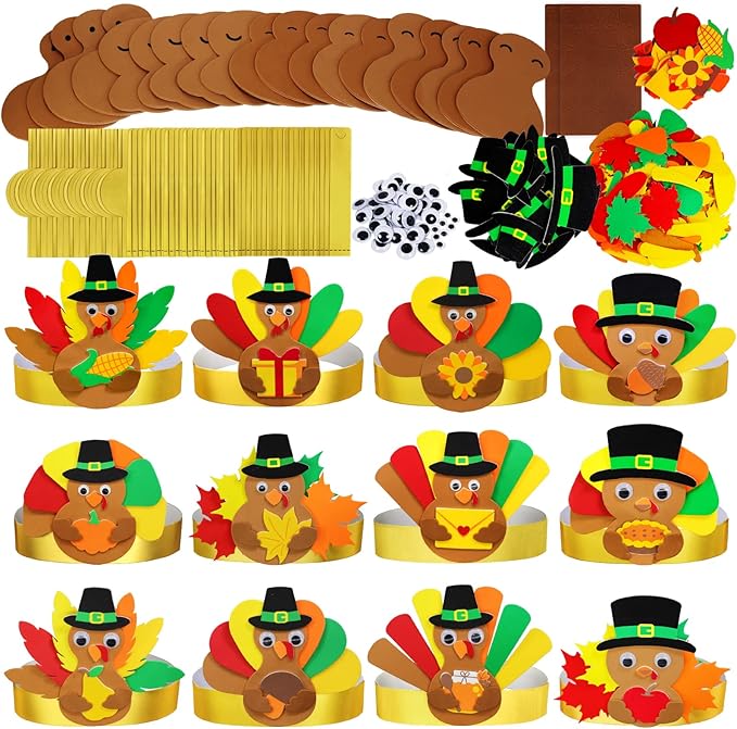 Winlyn 24 Sets Thanksgiving Turkey Headbands Fall Thanksgiving Craft Kits DIY Turkey Hats with Fall Leaf Pumpkin Turkey Feather Foam Stickers Googly Eyes Art Sets for Kids Party Classroom Activities