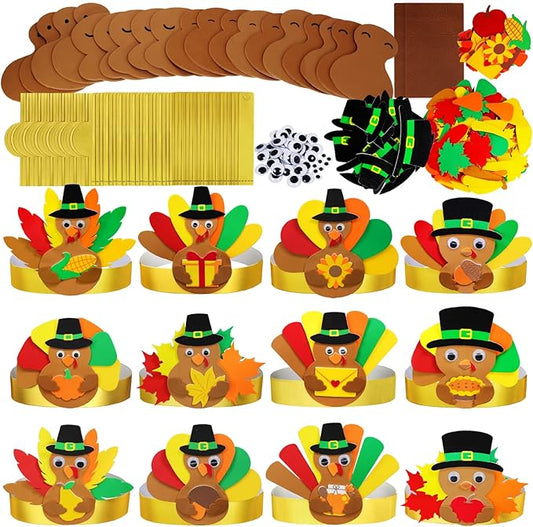 Winlyn 24 Sets Thanksgiving Turkey Headbands Fall Thanksgiving Craft Kits DIY Turkey Hats with Fall Leaf Pumpkin Turkey Feather Foam Stickers Googly Eyes Art Sets for Kids Party Classroom Activities