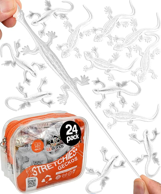 UpBrands 24 Pack CLEAR Super Stretchy Lizard Toys - Transparent Party Favors Pinata Filler, Rubber Lizards for Kids, Reptile Sticky Gecko & Newt Toy, Stress-Relief