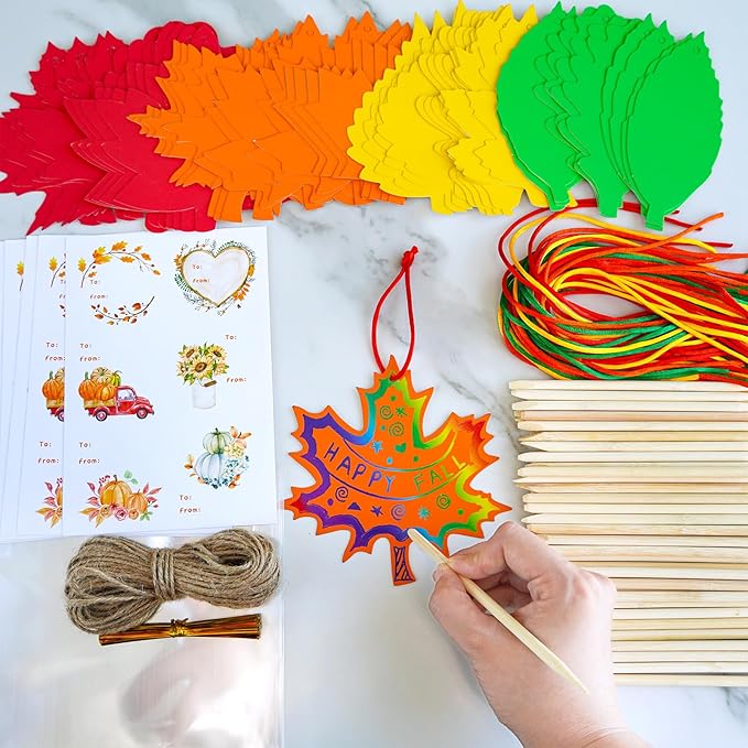 Winlyn 48 Sets 12 Desgins Colorful Magic Color Scratch Fall Leaves Ornaments Decoration Autumn Scratch Art Leaves Fall Leaf Craft Kits for Kids Halloween Thanksgiving Classroom Activities Party Favors