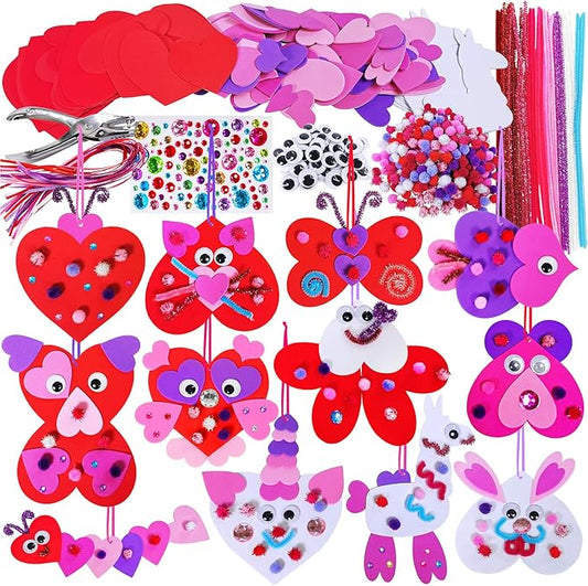 Winlyn Craft Kit, 24 Sets Valentine's Day Animal Ornaments, DIY Heart Crafts Stickers, Art Sets for Kids Party Classroom Activities Gift Exchange