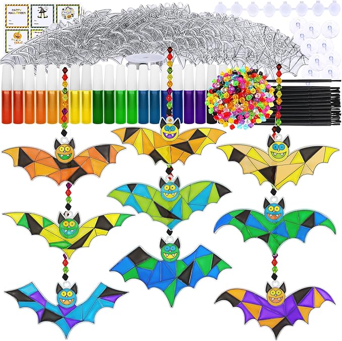 Winlyn 27 Sets Halloween Craft Kits Halloween Bat Suncatchers Ornaments Decorations DIY Window Paint Art Suncatchers Bat Suncatchers Painting Kits for Kids Halloween Classroom Activities Art Projects