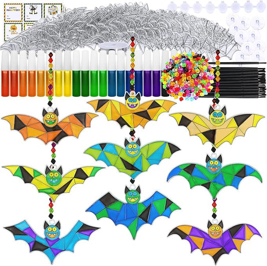 Winlyn 27 Sets Halloween Craft Kits Halloween Bat Suncatchers Ornaments Decorations DIY Window Paint Art Suncatchers Bat Suncatchers Painting Kits for Kids Halloween Classroom Activities Art Projects