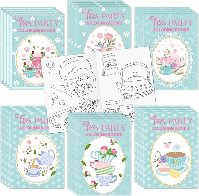 Tea Party Coloring Books for Kids 48Pcs Bulk Tea Time Themed Mini Coloring Booklet DIY Art Drawing Book with Teapots Cups for Toddlers Kids Classroom Birthday Party Favors Goodie Bag Filler
