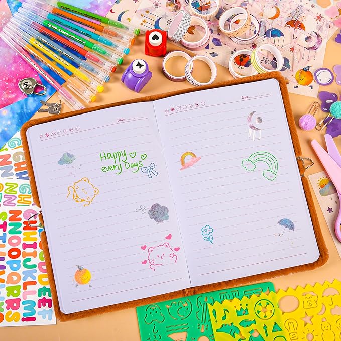 LiYiQ Plush Capybara Diary Gift for Girls Kids Travel Journal Secret Diary with Scrapbook Paper Stickers Journal Stencils Pompom Pen and Washi Tape Practical Set Gift for Birthday Christma
