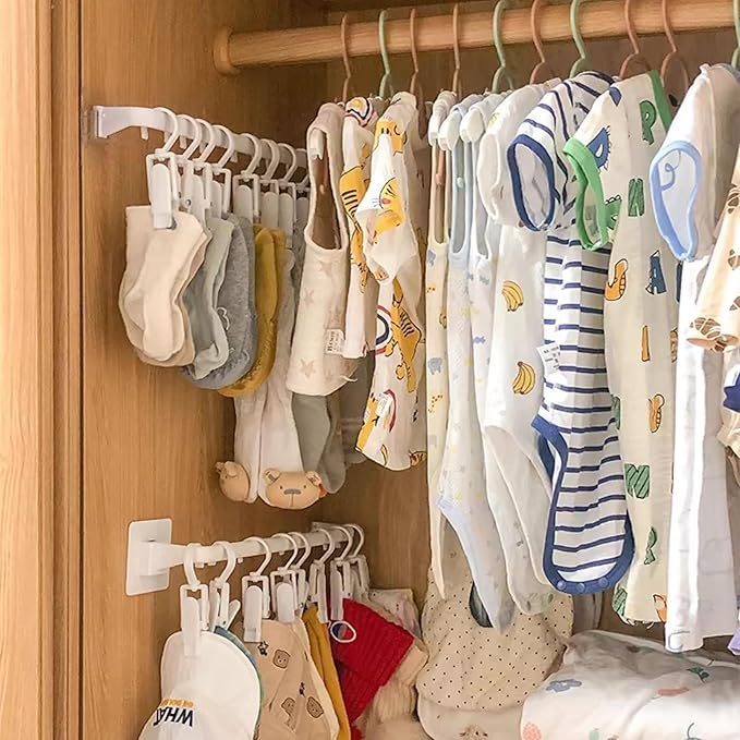 HGYZE Kid Pants Hanger Organizer with 10 Clips: Plastic Baseball Cap Display Holder, White Closet Rail Wall Mounted Door Rack for Drying Baby Socks, Cloth Diapers, Towel, Hats, Toddler Leggings