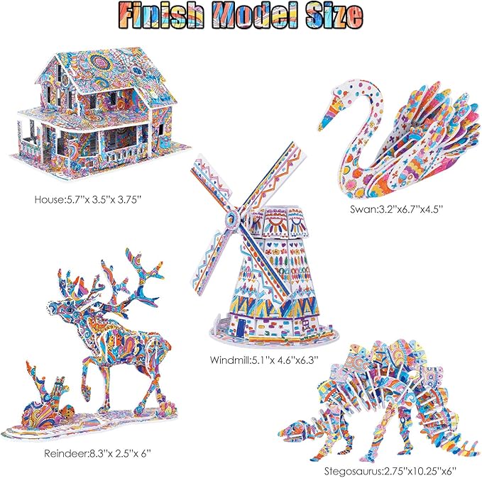 BEARUN 3D Coloring Puzzle Set, Arts and Crafts for Girls and Boys Age 6 7 8 9 10 11 12 Year Old, Fun Educational Painting Crafts Kit with Supplies for Kids, Birthday Toy Gift for Kids