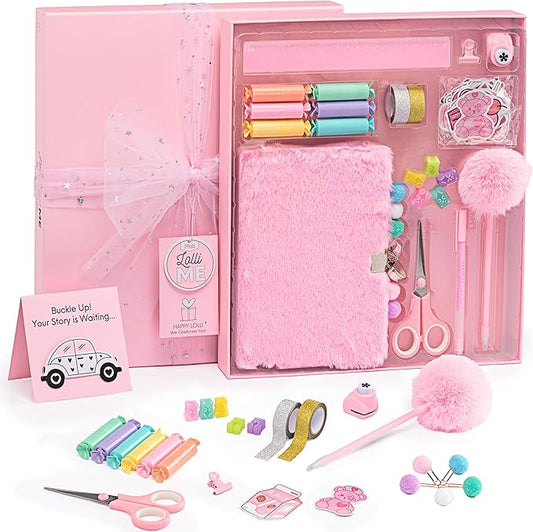 Happy LolliME Pink DIY Journal Kit for Girls – 300+ Pieces! Lockable Fuzzy Diary, Markers, Stickers & Empowering Pages – Gift Box for Tweens & Teens – Creative Journaling Set