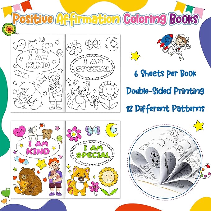 Dvbonike 24Pcs Positive Affirmation Coloring Books - Promote Confidence DIY Color-in Pages Booklet Bulk Drawing Motivational Stress Relieving Party Supplies for School Classroom Rewards Gift for Kids