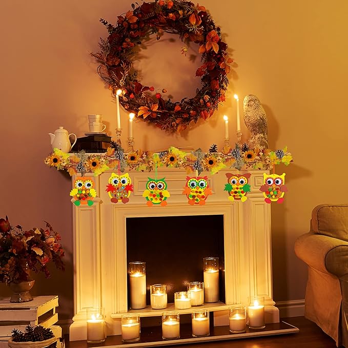 Winlyn 24 Sets Foam Owl Decorations DIY Owl Fall Craft Kit Assorted Foam Owl Shapes with Autumn Leaves Pumpkins Googly Eyes Pom-Poms for Kids Gift Halloween Thanksgiving Holiday Classroom Art Activity