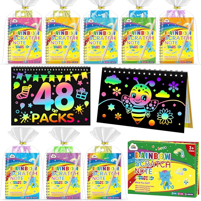 ZMLM Rainbow Scratch Party Favors Kids: Birthday Gifts Toy Bulk Scratch Art Notebook 48 Pack Scratch Paper Birthday Party Favor Girls Boys Art Craft Kit Scratch Pads Classroom Prizes