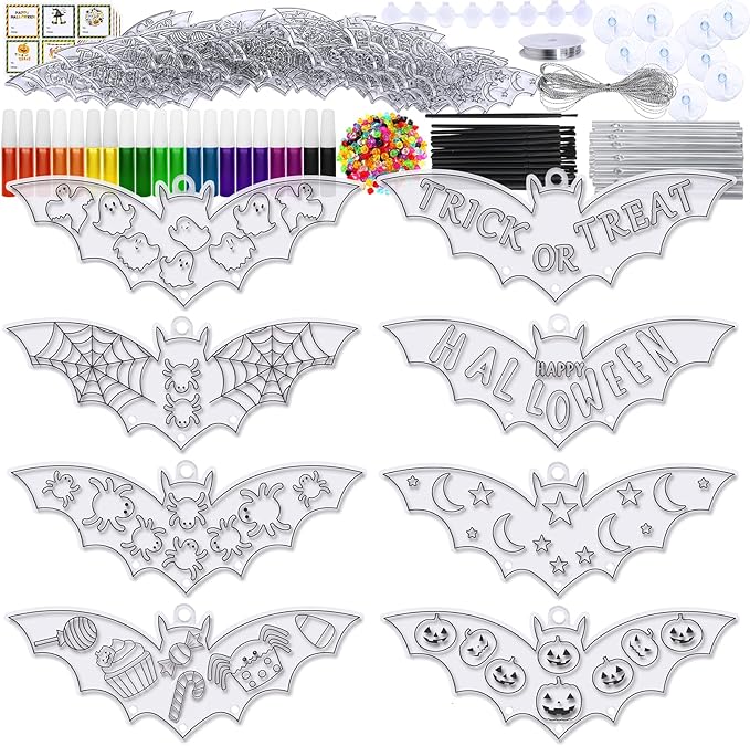 Winlyn 24 Sets Halloween Bat Suncatcher Wind Chimes Ornaments Decorations DIY Window Paint Art Halloween Craft Kits Bat Sun Catchers for Kids Home Classroom Activities Halloween Party Art Projects