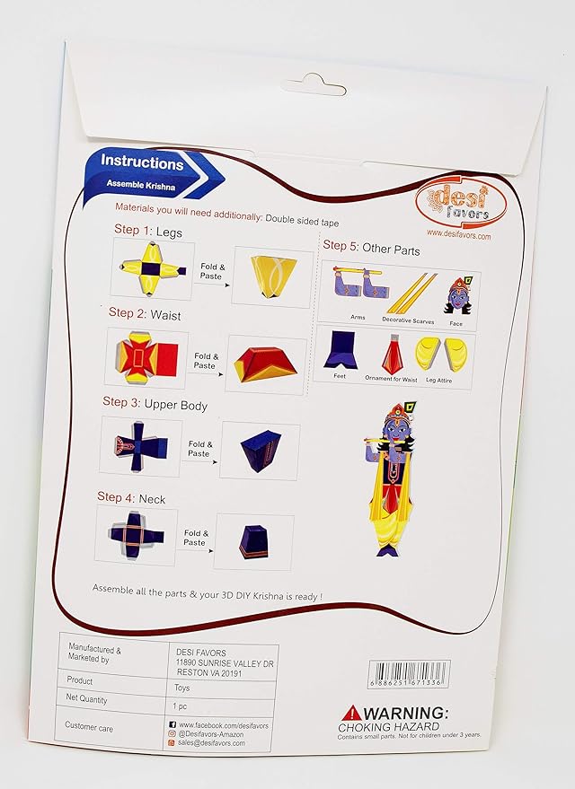 Desi Favors DIY Krishna Paper Craft Kit for Kids - Make Your Own Krishna - Diwali Gifts for Kids - Major Deity Hinduism | Hindu God Origami Diwali Festival Krishna Idol - 9.4x2.7 Inches (Pack of 1)