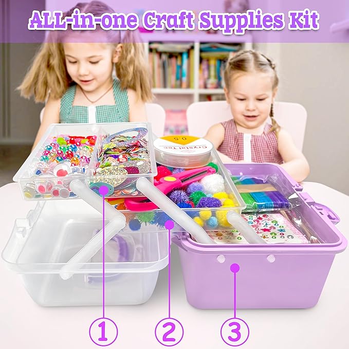 LINAYE 2500+PCS Arts and Crafts Supplies for Kids, DIY Craft Supplies Kit Box for Ages 6-8, Arts and Crafts Kit for Kids, Crafting Supply Set for Girls Boys Birthday Christmas Gifts, Purple