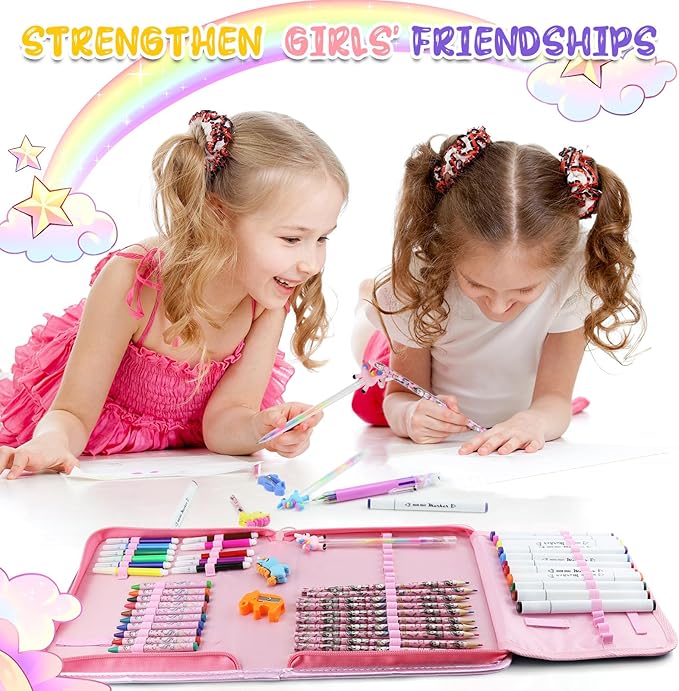 JAMIEWIN Markers Set with Glitter Unicorn Pencil Case, 59 Pcs Art and Craft Supplies Kit for Kids, Unicorn Gifts for Girls 4-9 Year Old for Christmas Birthday