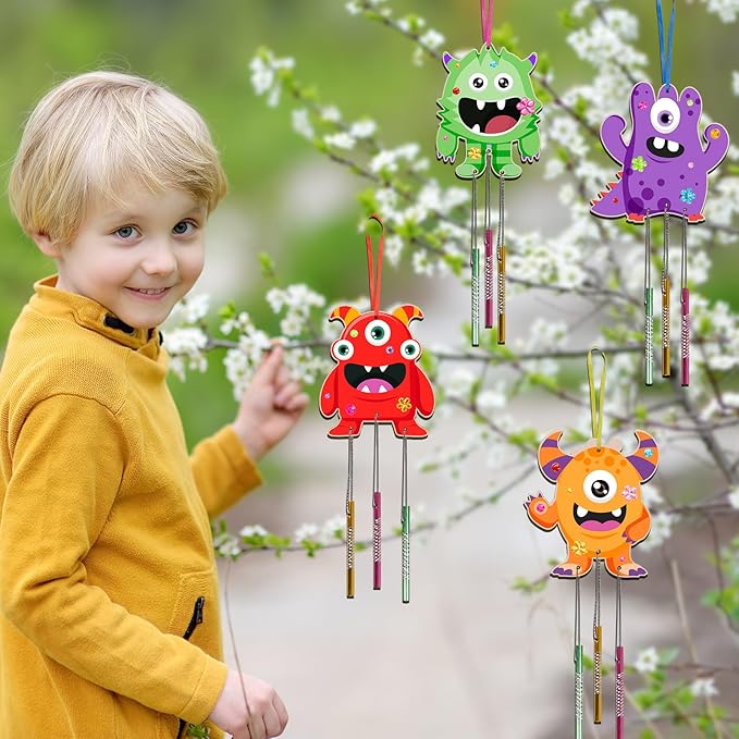 Fennoral 9 Pack Monster Wind Chime Kit for Kids Make Your Own Monster Wind Chimes Wooden Arts and Crafts for Girls Boys DIY Coloring for Christmas Art Activity Party Decoration Birthday Gifts