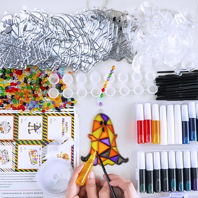 Winlyn 27 Sets Halloween Ghost Suncatchers Ornaments Decorations DIY Window Paint Art Suncatchers Halloween Craft Kits Suncatchers Painting Kits for Kids Classroom Activities Art Projects Part Favors