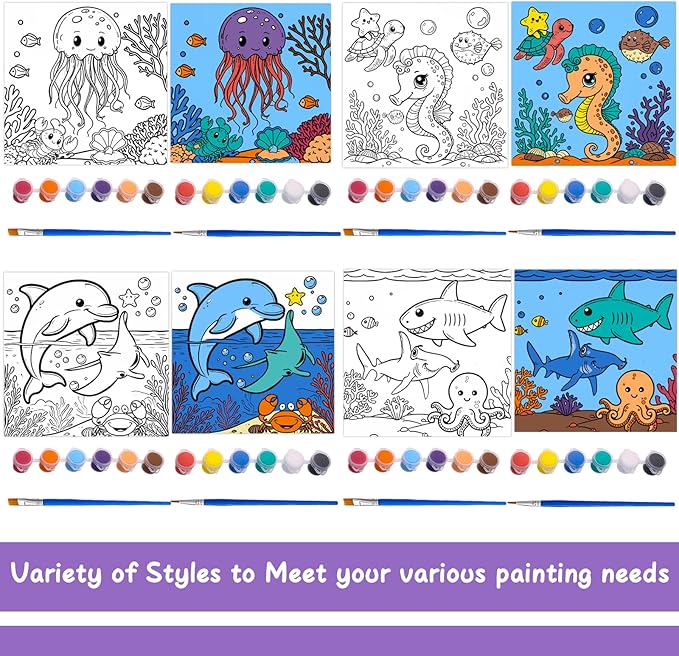 Yizeda 4 Packs 7.8x7.8 Pre Drawn Canvas Paint Set,Paint by Numbers for Kids,48 Paints 8 Brushes 2 Easels,Pre-Printed Acrylic Oil Painting Kit Ages 8-12 9-12 4-8 Pre Drawn Canvas for Painting for Kids