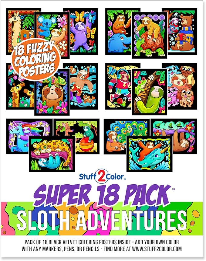 Stuff2Color Super Pack of 18 Fuzzy Velvet Coloring Posters (Sloth Adventures) - Arts & Crafts for Girls and Boys - Great for After School, Travel, Planes, Group Activities, and Coloring with Friends