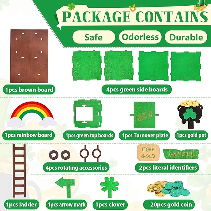 RGJ St Patrick's Day Leprechaun Trap Kit for Kids, Wooden DIY Leprechaun Trap Craft Kit to Catch A Leprechaun, St Patrick's Day Decorations for Kids Party Supplies (Finished Painted)