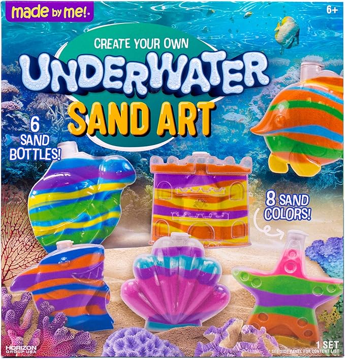 Made By Me Create Your Own Underwater Sand Art, Includes 6 Ocean-Themed Bottles, 8 Sand Colors, Glitter, & Funnel, Great Staycation or Group Activity, Party Idea, DIY Sand Art For Kids Ages 6, 7, 8, 9