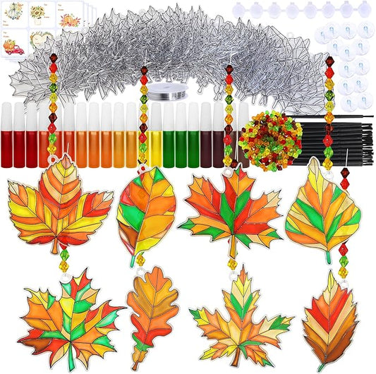 Winlyn 24 Sets Fall Leaf Suncatchers Ornaments DIY Window Paint Art Fall Craft Kits Maple Leaf Sun Catchers Painting Kits for Kids Classroom Activities Art Project Thanksgiving Autumn Party Decoration