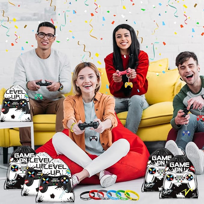 Nosiny 72PCS Video Game Party Favors Birthday Include 24 Video Game Goodie Drawstring Bags 24 Silicone Bracelet 24 Controller Keychain for Kids for Party Supplies (Black, White, Cute)