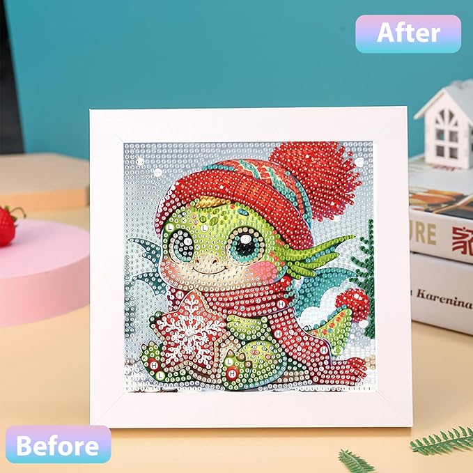 hkejoi Dragon Diamond Art Kits for Kids with Frame, Cartoon Diamond Art for Kids Ages 4-8-12, Easy Kids Gem Art Kit with Cartoon Package for Gift Home Wall Decor 7x7inch