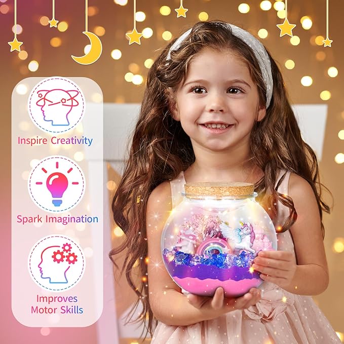 Unicorn Light-Up Terrarium - Sand Kit for Girls - LED Night Light Unicorn Toys Ages 4 5 6 7 8 - Birthday Gift for Girls - DIY Arts and Crafts Kit for Kids - Best Girls Presents