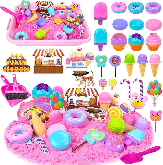 Play Sand Kits for Kids, Ice Cream Sensory Bin Sandbox to Create A Mini Cake Factory with 2lbs Magic Sand| Ice Cream & Cake Models and Tools, A Larger Ice Cream & Cake Factory Can Be Created By Beach