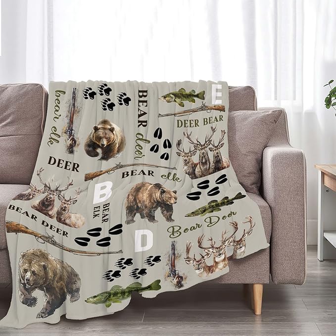 Hunting Deer Throw Blanket Fish Bear Elk Hunt Blanket Gifts for Kids Girls Boys Adults Women Men Soft Cozy Warm Plush Fluffy Fuzzy Fleece Blanket Home Decor 40''X50''
