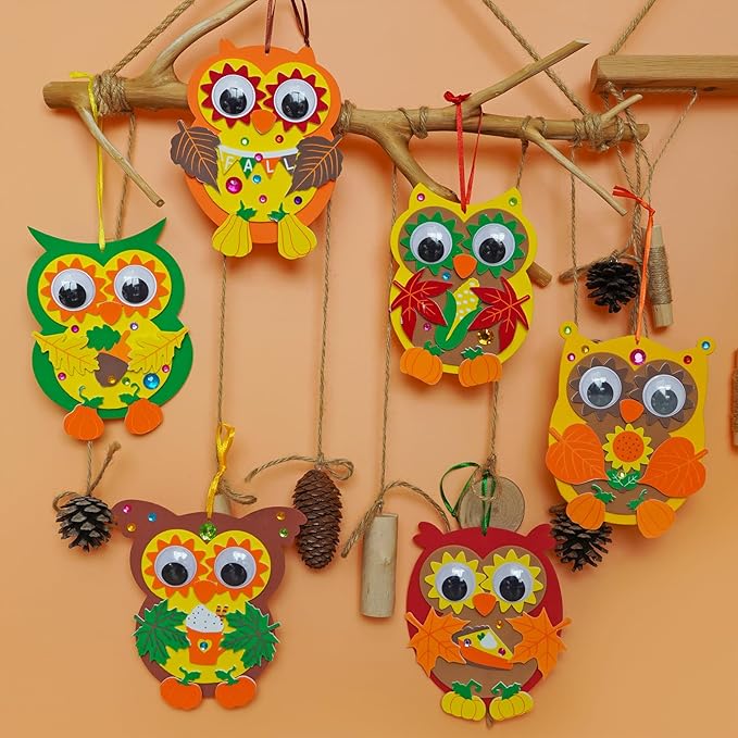 Winlyn Fall Craft Kits DIY Fall Owl Ornaments Decorations 24 Individually Packaged Art Sets Kids Crafts Foam Owl Pumpkin Fall Leaf Stickers for Kids Autumn Thanksgiving Halloween Classroom Activities