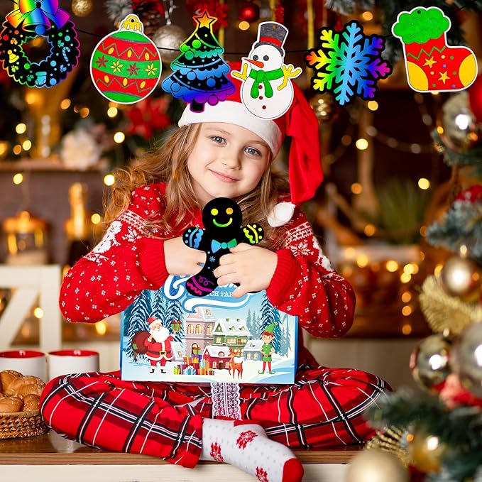 Garma 72Pcs Christmas Crafts Scratch Art for Kids, Rainbow Scratch Paper Christmas Ornaments Crafts Christmas Party Favors Toys Xmas Tree Ornaments Hanging Craft Art Kits