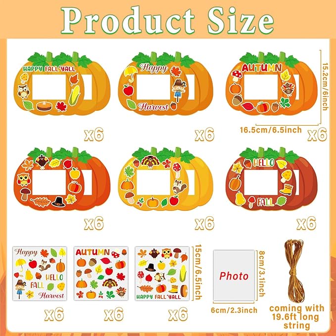 Qyeahkj 36 Sets Fall Thanksgiving Craft for Kids DIY Autumn Pumpkin Picture Frame Craft Kit with Easel Fun Photo Frame Craft and Arts Kit for Home Class Kindergarten Party Art Activity
