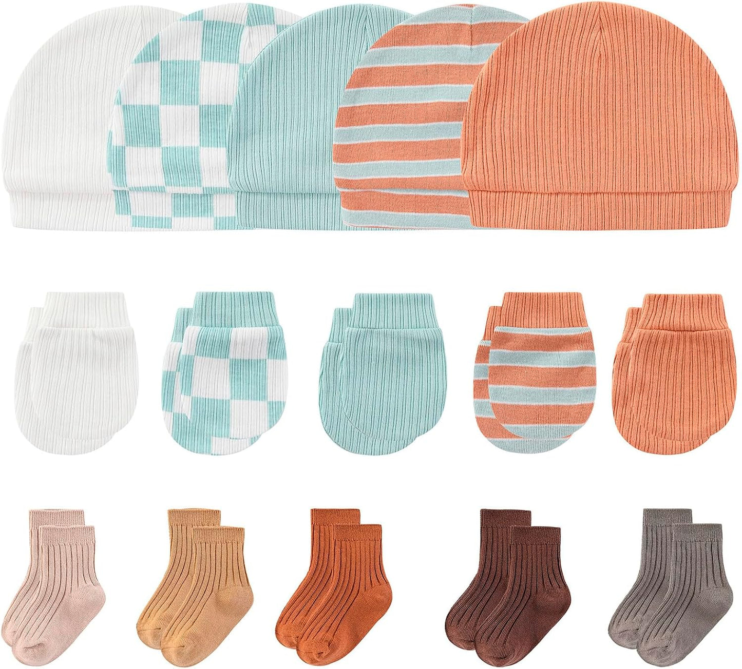 Newborn Baby Boy Girl Caps Mittens Socks Set Cotton Baby Essentials Accessories (Hats+Gloves+Socks)