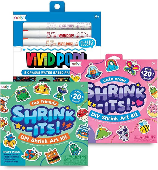 Ooly Shrink-Its DIY Shrinking Art & Vivid Pop Marker Kit, 40 Pre Cut Shrinking Charms, 6 Cords & Chains, 8 Water Based Paint Markers for Kids in Classic Colors