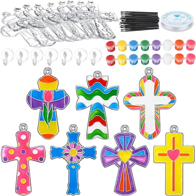 Poen 28 Sets Religious Cross Suncatchers Kits for Kids Ornaments Crafts Flip Flop Window Paint Art DIY Decor for Sunday School VBS Classroom Activities Holiday Party