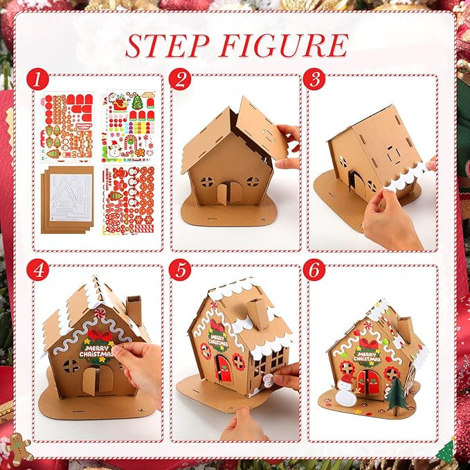 Yunsailing 6 Set Christmas Cardboard Gingerbread House Kit Christmas DIY Crafts Decorations Fun Xmas Holiday Home Party Gifts