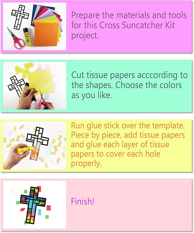 VHALE Suncatchers Craft 3 Sets (9 Cutouts) w Tissue Papers Stained Glass Effect Paper Sun Catcher Kit, Window Art, Classroom Crafts, Creative Art Projects, Kids Party Favors (Cross)