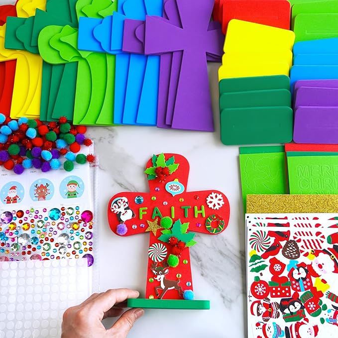 Winlyn 18 Sets Christmas Craft Kits DIY Christmas Stand-up Cross Decorations Art Sets Snowman Snowflake Christmas Foam Stickers Arts and Crafts for Kids Party Classroom Sunday School VBS Activities