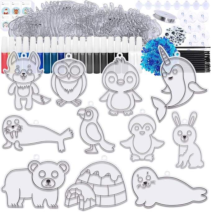 Winlyn 33 Sets Winter Polar Animal Suncatchers Ornaments Decorations DIY Window Paint Art Suncatchers Winter Craft Kits Winter Sun Catchers for Kids Christmas Holiday Classroom Activities Art Project