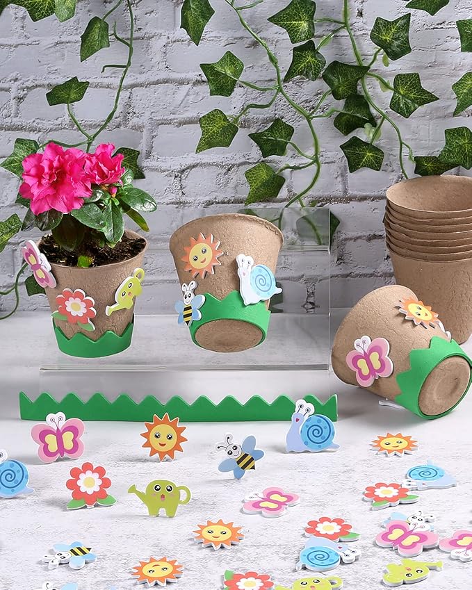 Ayfjovs Garden Paper Pot Craft Kit 15 Pack Flower Plant Spring Craft with 105 PCS Adhesive Foam Stickers and 15 PCS Paper Mache Pots, Flower Planting Growing Kit Science and Garden for Kids