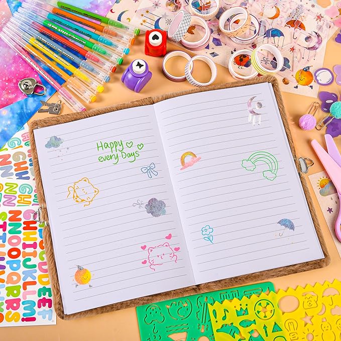 LiYiQ Plush Raccoon Diary Gift for Girls Kids Travel Journal Secret Diary with Scrapbook Paper Stickers Journal Stencils Pompom Pen and Washi Tape Practical Set Gift for Birthday Christma