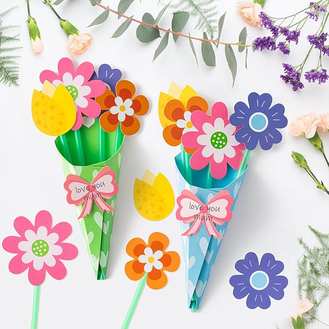 BeYumi Flower Bouquet Craft Kit - 48Pcs Mother's Day Flower Bouquet Craft in Two Colors for Kids Make Your Own Flower Bouquet Teacher Appreciation Week DIY Gift School Classroom Home Fun Activities